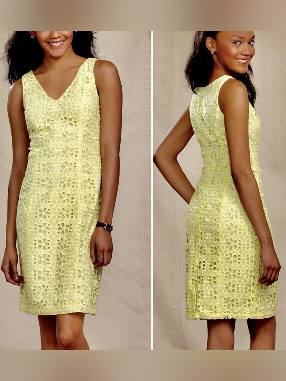 Tommy Hilfiger Floral Eyelet Sheath Dress Yellow V-neck Knee Length Sleeveless 6